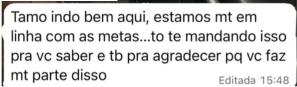 Print de cliente dizendo que está em linha com as metas e agradecendo
