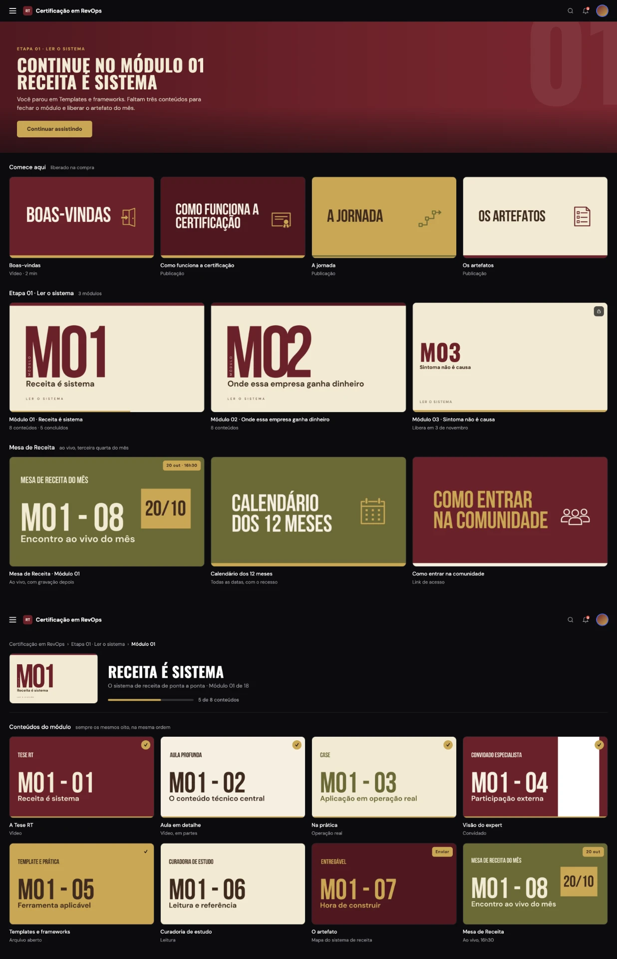 Área de membros da Certificação RevOps na Hotmart: home do curso, módulos e conteúdos do M01