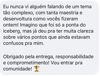 Print de mensagem de aluno elogiando a maestria da aula