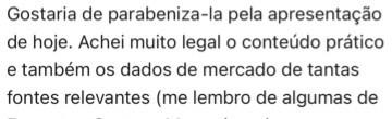 Print de mensagem parabenizando a apresentação e o conteúdo prático